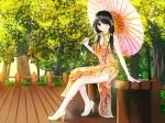 1girl bench black_hair breasts chinese_clothes cleavage date_a_live heterochromia high_heels highres legs low_twintails parasol red_eyes side_slit sitting smile tokisaki_kurumi twintails umbrella yellow_eyes 
