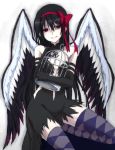  1girl akemi_homura akuma_homura argyle argyle_legwear bare_shoulders black_dress black_gloves black_hair bow cage choker dress elbow_gloves feathered_wings gloves hair_bow highres idora_(idola) long_hair looking_at_viewer mahou_shoujo_madoka_magica mahou_shoujo_madoka_magica_movie seiza sitting smile solo spoilers thigh-highs violet_eyes wings zettai_ryouiki 