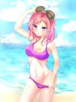  1girl :d arm_up beach bikini bikini_pull blue_sky breasts cleavage highres love_live!_school_idol_project nishikino_maki ocean open_mouth pink_hair purple_bikini sand short_hair sky smile sunglasses sunglasses_on_head swimsuit violet_eyes 