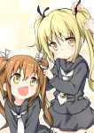  2girls absurdres adjusting_hair alternate_hairstyle blonde_hair brown_hair chestnut_mouth fumizuki_(kantai_collection) hair_ribbon highres kantai_collection long_hair looking_at_viewer multiple_girls ribbon ryuki_(ryukisukune) satsuki_(kantai_collection) school_uniform serafuku twintails yellow_eyes 