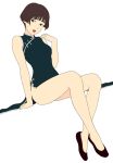  1girl brown_eyes brown_hair jas risa_(ponyo) short_hair simple_background sitting sweatdrop white_background 