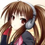  1girl brown_hair headphones little_busters!! long_hair natsume_rin ponytail red_eyes school_uniform yuzuki_karin 