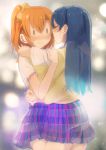  2girls arm_around_neck arm_around_waist blue_hair blush closed_eyes cowboy_shot hand_on_another&#039;s_shoulder highres hug incipient_kiss kousaka_honoka long_hair love_live!_school_idol_project multiple_girls mutual_hug no_nose orange_hair pleated_skirt school_uniform short_sleeves side_ponytail skirt sonoda_umi standing sweatdrop sweater_vest wavy_mouth yudough yuri ||_|| 