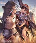  1girl armor black_eyes brown_hair cape clouds commentary copyright_name fantasy headband highres horns long_hair open_mouth original riding sheep shingeki_no_bahamut shorts sky smile solo spaulders sword weapon wheat windmill 