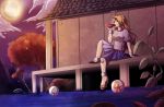  1girl arm_support azumi-kun ball blonde_hair blouse breasts chain clouds cuffs facing_away full_moon geta horn hoshiguma_yuugi leaf leg_up light_smile long_hair manacles moon no_socks red_eyes sakazuki short_sleeves sitting skirt solo star touhou tree water 