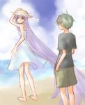  1boy 1girl absurdly_long_hair beach black_shirt dress fire_emblem fire_emblem:_fuuin_no_tsurugi lleu_(fire_emblem) long_hair looking_at_another looking_back purple_hair serina_ranshi shorts sofiya t-shirt very_long_hair violet_eyes white_dress 