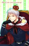 1boy axis_powers_hetalia bird black_gloves cape chair crown flower german gloves prussia_(hetalia) red_eyes silver_hair smile sousui_hani 