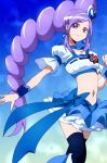  1girl aono_miki blue_background blue_legwear blue_skirt boots choker closed_mouth collarbone cure_berry fresh_precure! frilled_skirt frills gradient gradient_background hair_ornament heart heart_hair_ornament jewelry long_hair magical_girl manji_(tenketsu) midriff navel ponytail precure puffy_sleeves purple_hair ribbon sketch skirt smile solo thigh-highs very_long_hair violet_eyes white_background wrist_cuffs zettai_ryouiki 