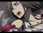  1girl bare_shoulders black_eyes breasts brown_hair cleavage glasses kantai_collection kirishima_(kantai_collection) large_breasts letterboxed open_mouth sblack shouting solo sweat 