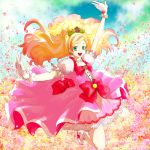  1girl :d aqua_eyes blonde_hair blue_eyes bow choker cure_flora earrings field flower flower_field frilled_skirt frills gloves go!_princess_precure gradient_hair hair_ornament half_updo haruno_haruka jewelry long_hair looking_at_viewer magical_girl multicolored_hair open_mouth outstretched_arm pink_hair pink_skirt precure puffy_sleeves ribbon skirt smile solo streaked_hair two-tone_hair wavy_hair white_gloves yukabara 