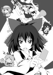  5girls chibi female hakurei_reimu ibuki_suika kamen_rider kamen_rider_dcd kamen_rider_decade kamen_rider_diend kirisame_marisa monochrome multiple_girls remilia_scarlet shameimaru_aya touhou 