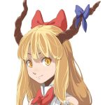  1girl blonde_hair blush bow bust fang freckles hair_bow horn_bow horns ibuki_suika long_hair looking_at_viewer maskman simple_background smile solo touhou white_background yellow_eyes 