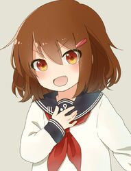  &gt;:d 1girl :d brown_hair fang grey_background hair_ornament hairclip hand_on_own_chest highres ikazuchi_(kantai_collection) kantai_collection looking_at_viewer neckerchief open_mouth sailor_collar school_uniform serafuku shioya_thor short_hair simple_background smile solo 