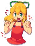 1girl bare_shoulders blonde_hair green_eyes hair_ribbon long_hair metata open_mouth ponytail red_skirt ribbon rockman rockman_(classic) roll simple_background skirt smile solo white_background 