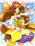  1girl :d amanogawa_kirara bangs bare_shoulders blunt_bangs blush brown_hair choker cure_twinkle earrings frilled_skirt frills gloves go!_princess_precure gumimogu7 hair_ornament jewelry long_hair looking_at_viewer magical_girl multicolored_hair open_mouth orange_hair precure quad_tails skirt smile solo star star_earrings starry_background streaked_hair thigh-highs twintails two-tone_hair violet_eyes white_legwear zettai_ryouiki 