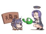  2girls closed_eyes dirt elephant eyepatch halo headgear kantai_collection mechanical_halo multiple_girls necktie short_hair sign smile squatting tatsuta_(kantai_collection) tenryuu_(kantai_collection) water watering_can wet zassou_maruko 