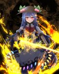  1girl blue_hair bow flame food fruit glowing glowing_sword glowing_weapon hat highres hinanawi_tenshi long_hair looking_at_viewer peach pink_eyes puffy_short_sleeves puffy_sleeves rihito_(usazukin) shirt short_sleeves skirt solo sword_of_hisou thigh-highs touhou very_long_hair weapon wrist_cuffs 