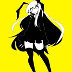  1girl :o animal_ears black_legwear blazer collared_shirt long_hair monochrome oimo_(imoyoukan) open_mouth rabbit_ears reisen_udongein_inaba skirt sleeves_past_wrists solo thigh-highs touhou very_long_hair wide-eyed yellow_background zettai_ryouiki 