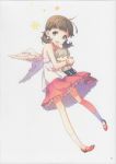  1girl absurdres ahoge angel_wings brown_eyes brown_hair doll dress h2so4 hair_tie highres looking_at_viewer open_mouth red_shoes shoes socks solo tagme twintails white_background wings 