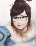  1girl bangs black-framed_eyewear blue_coat blue_gloves brown_eyes brown_hair commentary face fur_trim glasses gloves hair_bun hair_ornament hair_stick jiayue_wu lips looking_at_viewer mei_(overwatch) overwatch photo_reference pun realistic short_hair smile solo swept_bangs upper_body wings 