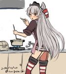 &gt;:o 1girl :o amatsukaze_(kantai_collection) apron blush brown_eyes cooking dated from_behind garter_straps hair_tubes hat highres kantai_collection ladle long_hair looking_at_viewer looking_back pot silver_hair sleeves_rolled_up striped striped_legwear thigh-highs twintails twitter_username very_long_hair 
