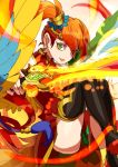  1girl bird_tail bird_wings black_legwear china_dress chinese_clothes circlet dress earrings feathered_wings fire gradient_hair green_eyes holding holding_sword holding_weapon jewelry leiran_(p&amp;d) long_hair multicolored_hair orange_hair over-kneehighs puzzle_&amp;_dragons red_dress redhead short_dress side_ponytail solo sword tail thigh-highs weapon wings yamanashi_taiki 