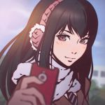  1girl black_hair blazer blurry blush brown_eyes bust cellphone clouds depth_of_field earmuffs face ilya_kuvshinov kimishima_kana kiseijuu long_hair necktie outdoors phone scarf sky solo 