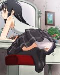  1girl akemi_homura ass black_hair hairband highres kneeling long_hair mahou_shoujo_madoka_magica mirror panties pantyshot plant potted_plant sat-c skirt solo stool thigh-highs underwear violet_eyes 