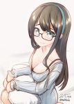  1girl aqua_eyes artist_name black_hair breasts cleavage collarbone dated glasses hairband kantai_collection long_hair long_sleeves looking_at_viewer nekobaka ooyodo_(kantai_collection) ribbed_sweater smile solo sweater 