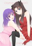  2girls bare_shoulders blue_eyes brown_hair casual fate/stay_night fate_(series) hair_ribbon matou_sakura multiple_girls purple_hair ribbon siblings sisters suzuko_(star8383) toosaka_rin two_side_up violet_eyes 