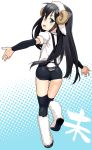  animal_ears asashio_(kantai_collection) ass black_hair blue_eyes boots detached_sleeves fake_animal_ears from_behind gengorou horns kantai_collection long_hair looking_back outstretched_arms sheep_ears shirt short_shorts shorts smile spread_arms suspenders tail thigh-highs 
