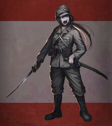  1girl belt belt_pouch black_hair boots full_body hat hetza_(hellshock) imperial_japanese_army katana long_hair military military_uniform open_mouth original ponytail pouch scabbard sheath shouting solo sword uniform weapon world_war_ii 