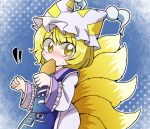  !! 1girl aburaage arms_up blonde_hair blue_background blush chibi clenched_hands commentary_request dress eyebrows_visible_through_hair food food_in_mouth fox_tail gradient gradient_background hair_between_eyes hat hat_with_ears katanagi1129 long_sleeves looking_at_viewer multiple_tails ofuda polka_dot polka_dot_background short_hair solo surprised sweat tabard tail tassel touhou upper_body white_dress yakumo_ran yellow_eyes 