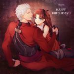  1boy 1girl archer blue_eyes brown_hair dress fate/stay_night fate_(series) happy_birthday holding_hair kei_(ayaka09) red_dress toosaka_rin two_side_up white_hair 