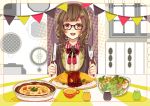  1girl brown_hair egg flower food fork glasses indoors knife lettuce long_hair looking_at_viewer open_mouth original plate salad sitting solo suono table window 