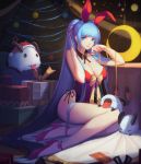  1girl absurdres animal_ears blue_eyes blue_hair breasts christmas cleavage crimson_k_night dress highres league_of_legends legs long_hair looking looking_at_viewer ponytail poro_(league_of_legends) rabbit_ears revision ribbon smile solo sona_buvelle thighs very_long_hair 