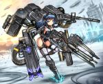  1girl black_hair blue_eyes garter_straps gia gun headphones highres leotard long_hair original solo thigh-highs weapon 