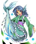  1girl animal_ears blue_eyes blue_hair drill_hair head_fins japanese_clothes kimono mermaid monster_girl nmknf_(mkn) obi sash short_hair smile solo touhou wakasagihime water 
