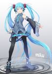  1girl absurdly_long_hair black_legwear blue_eyes blue_hair character_name detached_sleeves fu-ta hatsune_miku headphones long_hair looking_at_viewer necktie outstretched_arm skirt solo thigh-highs twintails very_long_hair vocaloid 