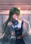  1girl green_eyes green_hair hand_in_hair japanese_clothes kimono kishiyo kochiya_sanae long_hair looking_at_viewer smile solo touhou wide_sleeves 
