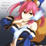  1girl animal_ears bare_shoulders breasts caster_(fate/extra) detached_sleeves fate/extra fate_(series) fox_ears fox_tail hair_ribbon japanese_clothes ofuda pink_hair ribbon solo tail twintails yellow_eyes zeroasann 