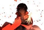  1girl black_hair highres hooded_cloak min_(120716) outstretched_arm petals reaching ruby_rose rwby short_hair solo 