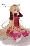  1girl adjusting_hair alternate_hair_length alternate_hairstyle blonde_hair dress hand_in_hair highres kurodani_yamame long_hair mouth_hold namauni pink_dress red_eyes ribbon_in_mouth shirt sitting solo touhou tying_hair very_long_hair 