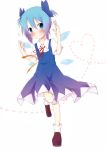  1girl absurdres alternate_hairstyle blue_eyes blue_hair blush bow cirno hair_bow heart heart_of_string highres ice ice_wings ichihina short_twintails solo touhou twintails wings 