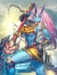  1girl armor blue_skin breasts chain gauntlets highres jingai_musume large_breasts long_hair midriff monster_girl oni oni_horns original pink_hair polearm red_eyes solo temmasa22 tiger_print under_boob very_long_hair weapon 