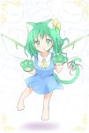  1girl animal_ears bow cat_ears cat_paws cat_tail daiyousei fairy_wings flying_sweatdrops green_eyes green_hair hair_bow heart heart-shaped_pupils mickeysmith paws ribbon side_ponytail solo symbol-shaped_pupils tail tail_ribbon touhou wings 