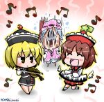  3girls artist_name blonde_hair blue_hair brown_eyes brown_hair closed_eyes commentary_request covering_ears hat instrument keyboard_(instrument) lunasa_prismriver lyrica_prismriver multiple_girls musical_note noai_nioshi remilia_scarlet touhou violin 