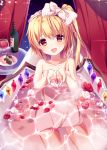  1girl bare_arms bare_shoulders bathing bathtub blonde_hair blush chocolate chocolate_heart collarbone cup curtains flandre_scarlet hair_ribbon heart looking_at_viewer morinaga_kobato naked_towel open_mouth petals red_eyes ribbon side_ponytail smile solo table touhou towel water wine_bottle wine_glass wings 