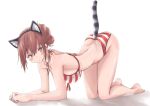  1girl 31_pacers animal_ears arm_support ass barefoot bent_knees bikini blush breasts brown_hair cat_ears cat_tail highres jewelry kneeling large_breasts legs looking_at_viewer necklace original pout short_hair sideboob solo striped striped_bikini striped_swimsuit swimsuit tail 