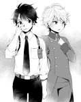  2boys aldnoah.zero belt blush double-breasted ebira_(ruvie) hand_on_own_cheek hand_on_own_chest holster kaizuka_inaho male_focus military military_uniform multiple_boys necktie short_hair slaine_troyard uniform 